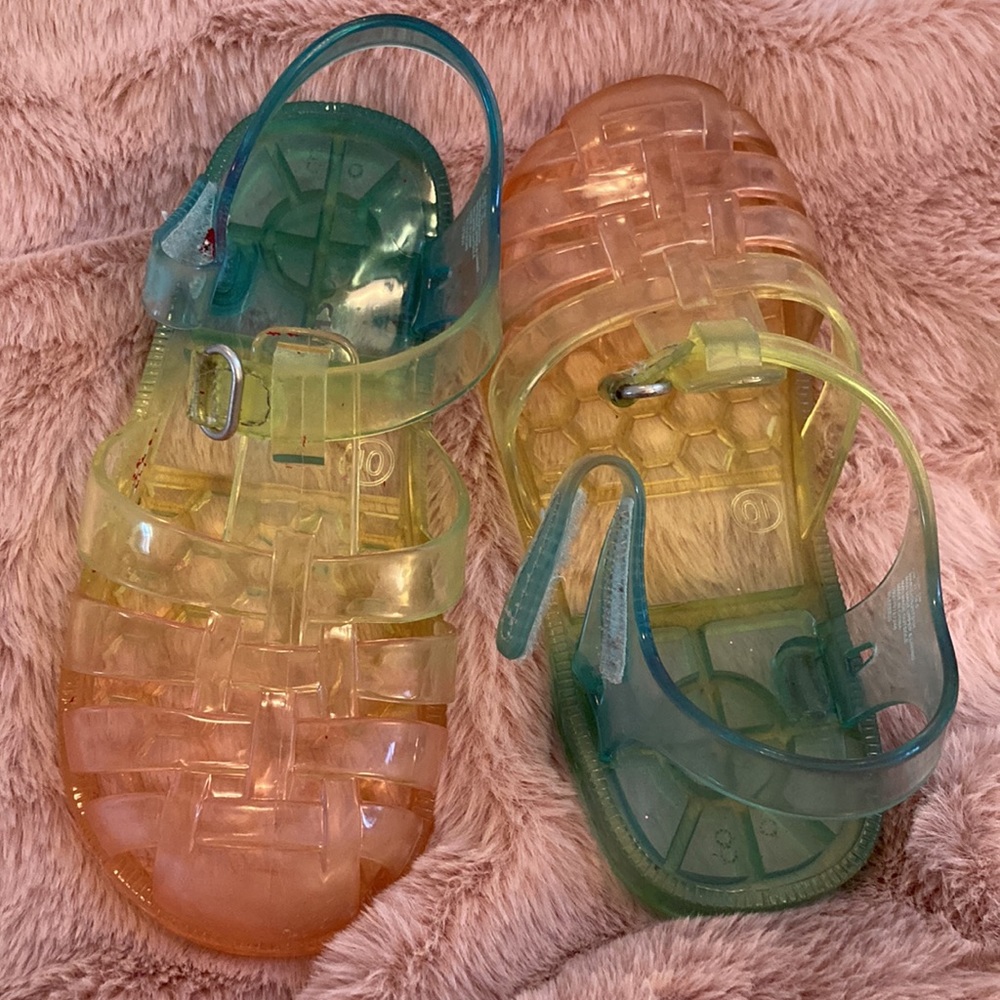 OSHKosh B’Gosh Toddler Girls Pink/Yellow/Blue Jellies w/ Velcro- size 10. - Picture 2 of 9